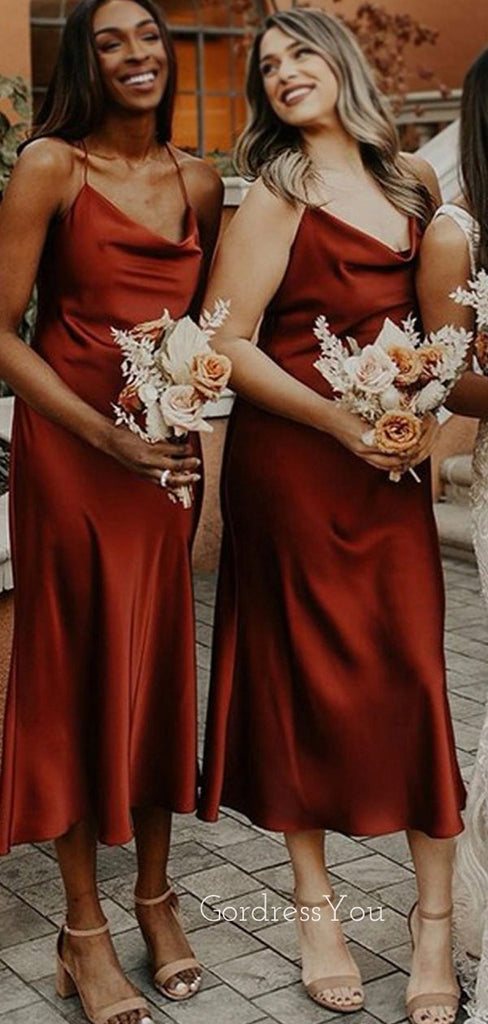 Simple Spaghetti Straps Rust Satin Long Custom Bridesmaid Dresses , BN1262