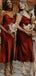 Simple Spaghetti Straps Rust Satin Long Custom Bridesmaid Dresses , BN1262