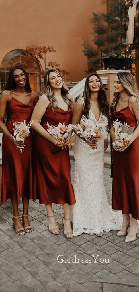 Simple Spaghetti Straps Rust Satin Long Custom Bridesmaid Dresses , BN1262