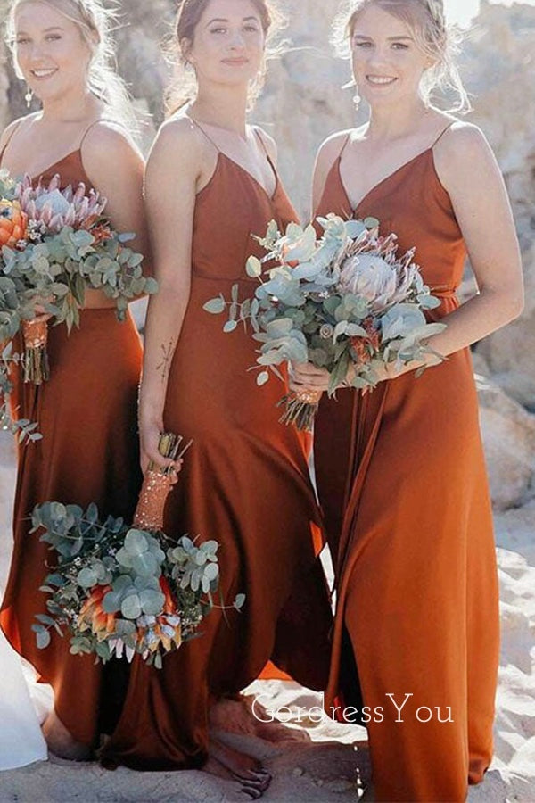 Spaghetti Straps V-neck Burnt Orange Long Custom Bridesmaid Dresses , BN1267