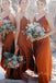 Spaghetti Straps V-neck Burnt Orange Long Custom Bridesmaid Dresses , BN1267