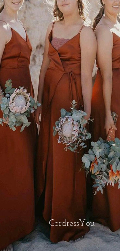 Spaghetti Straps V-neck Burnt Orange Long Custom Bridesmaid Dresses , BN1267