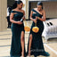 One Shoulder Navy Blue Mermaid Long Side Slit Custom Bridesmaid Dresses , BN1269