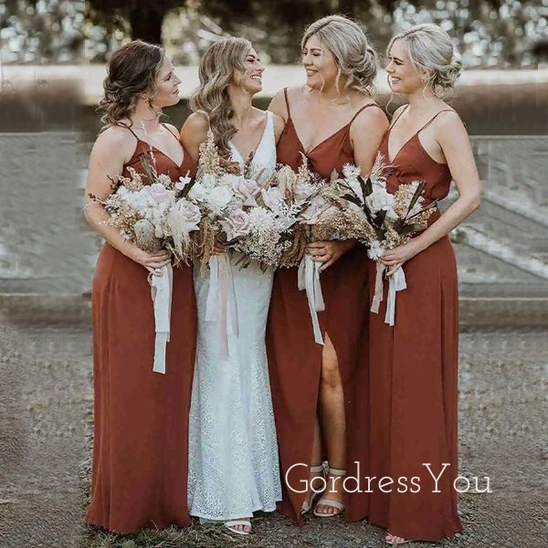 Simple Spaghetti Straps V-neck Long Custom Bridesmaid Dresses , BN1271