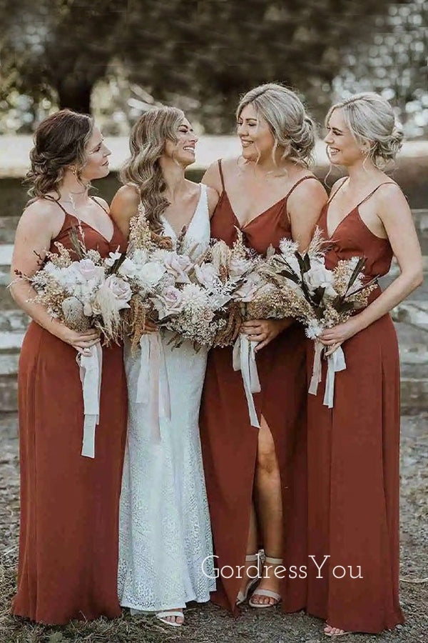 Simple Spaghetti Straps V-neck Long Custom Bridesmaid Dresses , BN1271