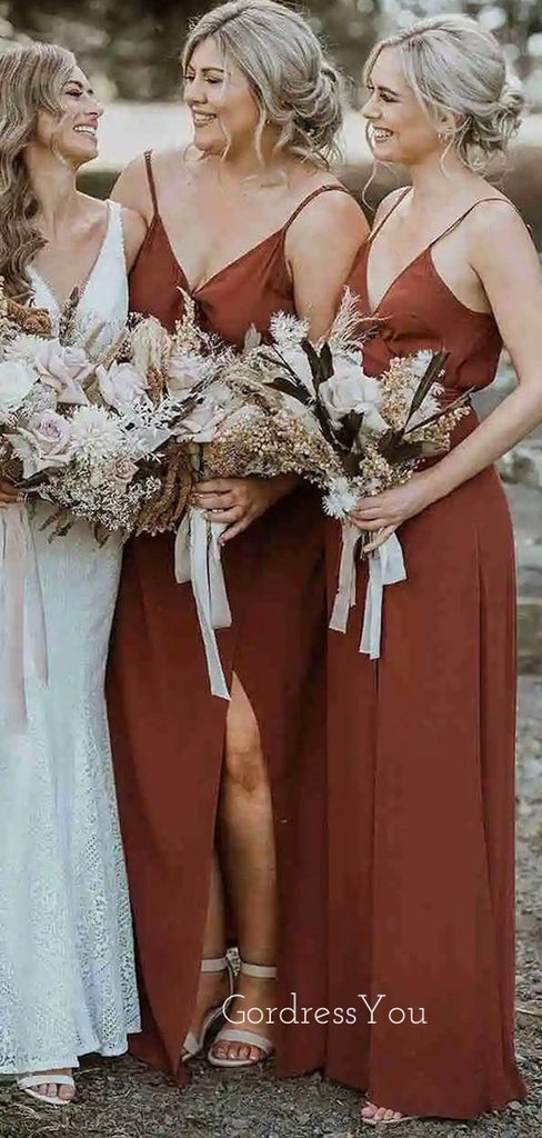 Simple Spaghetti Straps V-neck Long Custom Bridesmaid Dresses , BN1271