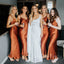 Burnt Orange Satin Spaghetti Straps Long Custom Bridesmaid Dresses , BN1272