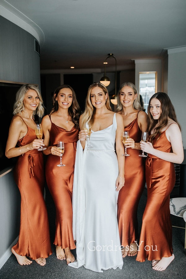 Burnt Orange Satin Spaghetti Straps Long Custom Bridesmaid Dresses , BN1272