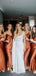 Burnt Orange Satin Spaghetti Straps Long Custom Bridesmaid Dresses , BN1272