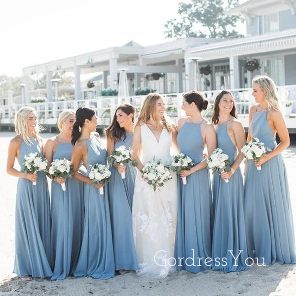 Simple A-line Dusty Blue Chiffon Halter Long Custom Bridesmaid Dresses , BN1276