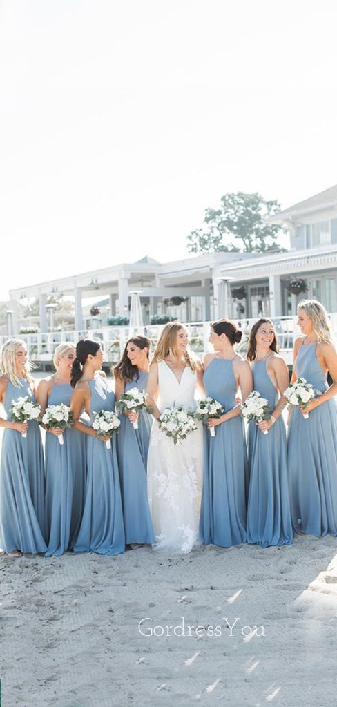 Simple A-line Dusty Blue Chiffon Halter Long Custom Bridesmaid Dresses , BN1276