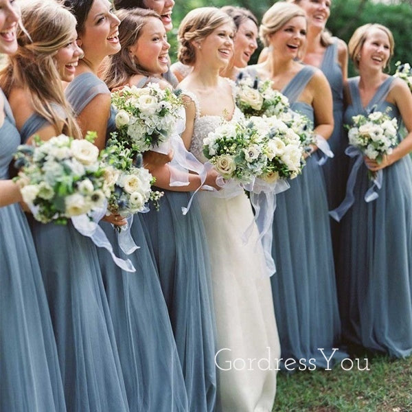 A-line Dusty Blue Tulle Long Custom Bridesmaid Dresses , BN1277