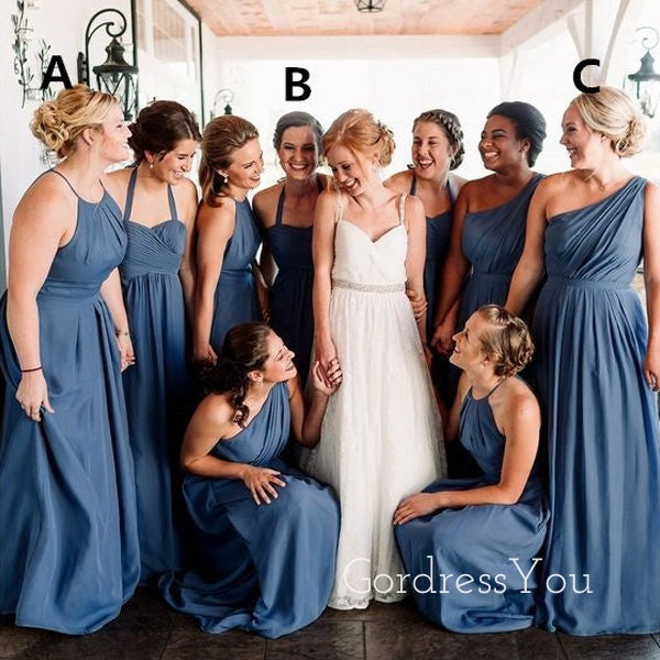 Mismatched A-line Dusty Blue Chiffon Long Custom Bridesmaid Dresses , BN1278