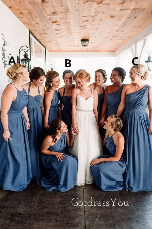 Mismatched A-line Dusty Blue Chiffon Long Custom Bridesmaid Dresses , BN1278