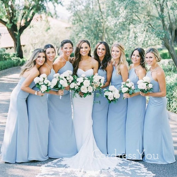 Dusty Blue Chiffon Halter Long Custom Bridesmaid Dresses , BN1280