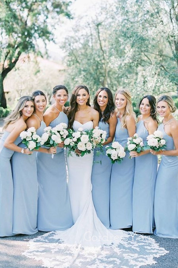 Dusty Blue Chiffon Halter Long Custom Bridesmaid Dresses , BN1280