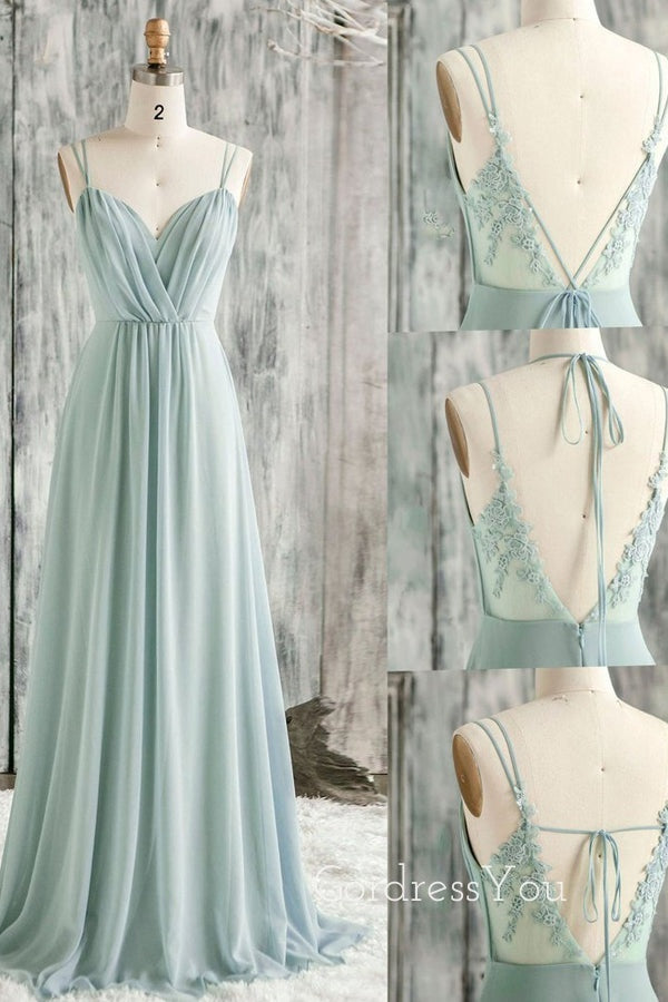 A-line Chiffon Spaghetti Straps Appliques Long Custom Bridesmaid Dresses , BN1283