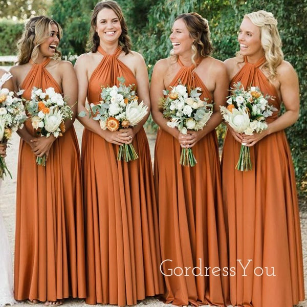 A-line Burnt Orange Halter Long Custom Bridesmaid Dresses , BN1284