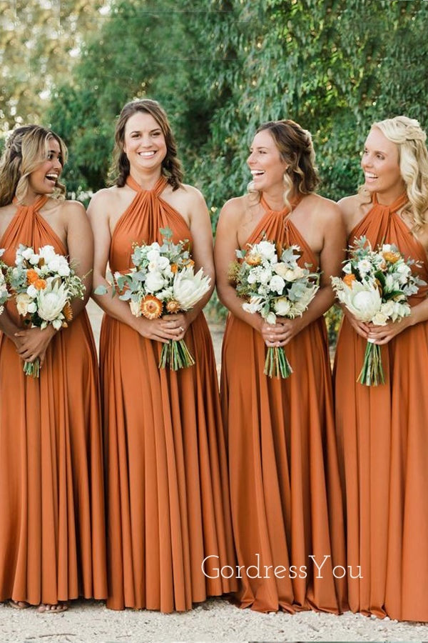 A-line Burnt Orange Halter Long Custom Bridesmaid Dresses , BN1284