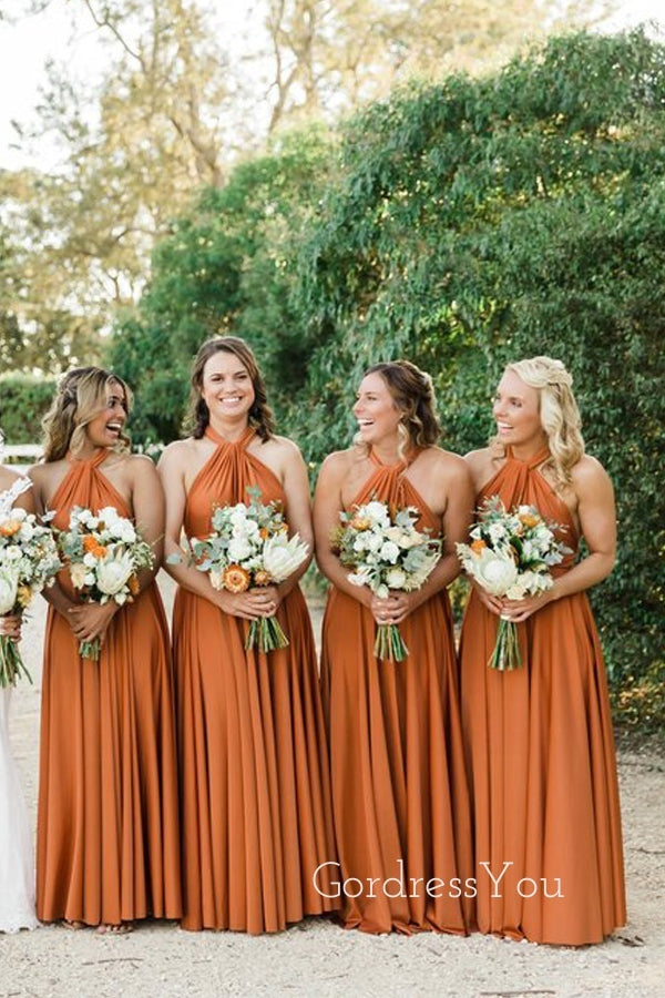 A-line Burnt Orange Halter Long Custom Bridesmaid Dresses , BN1284