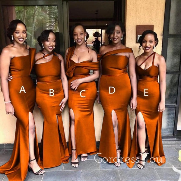 Mismatched Burnt Orange Satin Side Slit Long Mermaid Custom Bridesmaid Dresses , BN1287