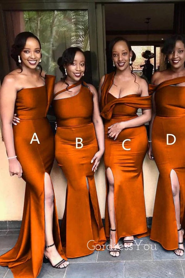 Mismatched Burnt Orange Satin Side Slit Long Mermaid Custom Bridesmaid Dresses , BN1287