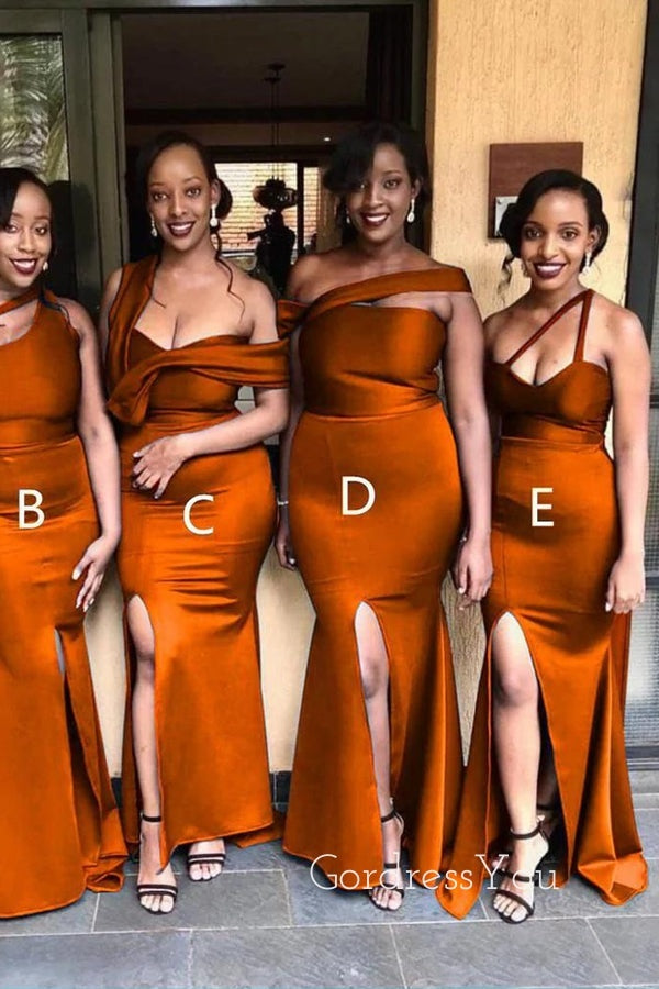 Mismatched Burnt Orange Satin Side Slit Long Mermaid Custom Bridesmaid Dresses , BN1287