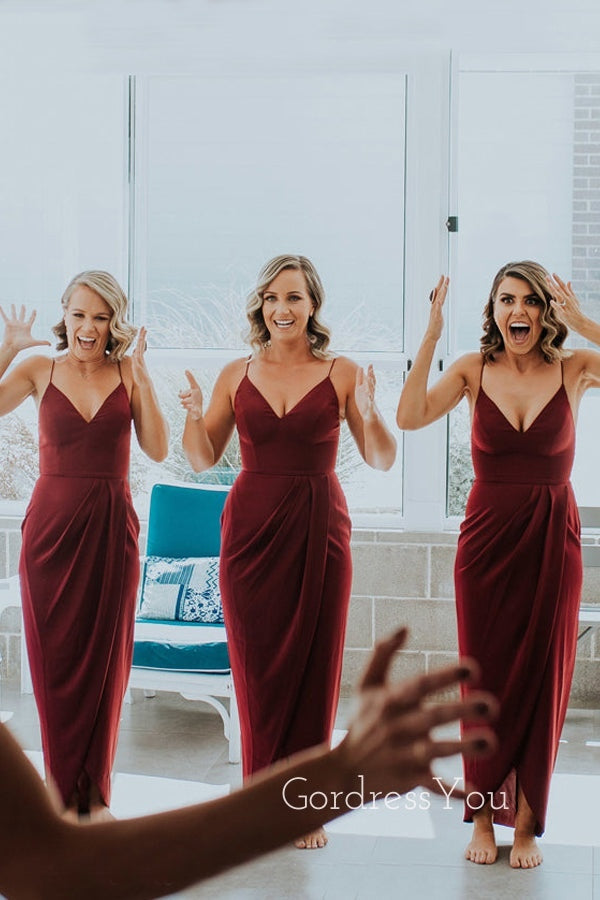 Simple Spaghetti Straps Mermaid Burgundy Chiffon Long Custom Bridesmaid Dresses , BN1293