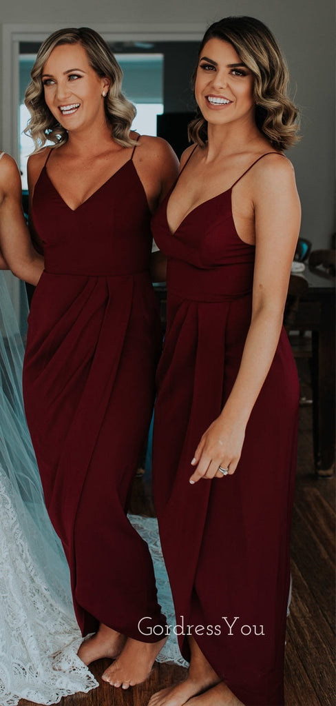 Simple Spaghetti Straps Mermaid Burgundy Chiffon Long Custom Bridesmaid Dresses , BN1293