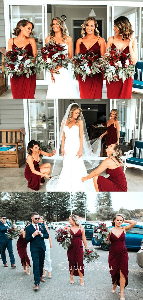 Simple Spaghetti Straps Mermaid Burgundy Chiffon Long Custom Bridesmaid Dresses , BN1293