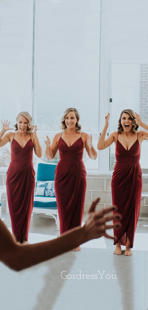 Simple Spaghetti Straps Mermaid Burgundy Chiffon Long Custom Bridesmaid Dresses , BN1293