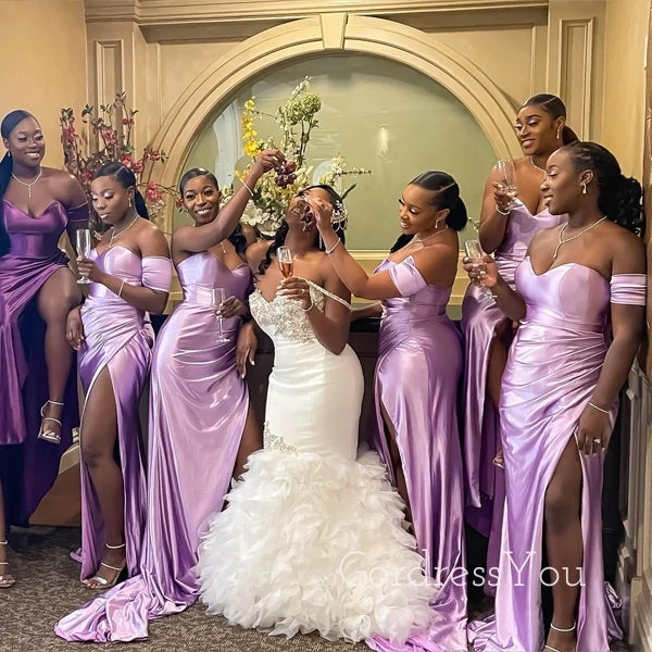 One Shoulder Short Sleeve Lilac Satin Side Slit Long Custom Bridesmaid Dresses , BN1295