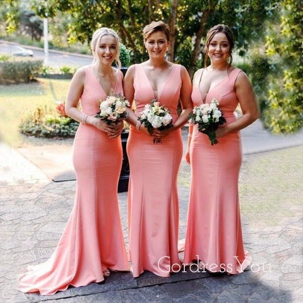 Simple Mermaid V-neck Long Custom Bridesmaid Dresses , BN1297