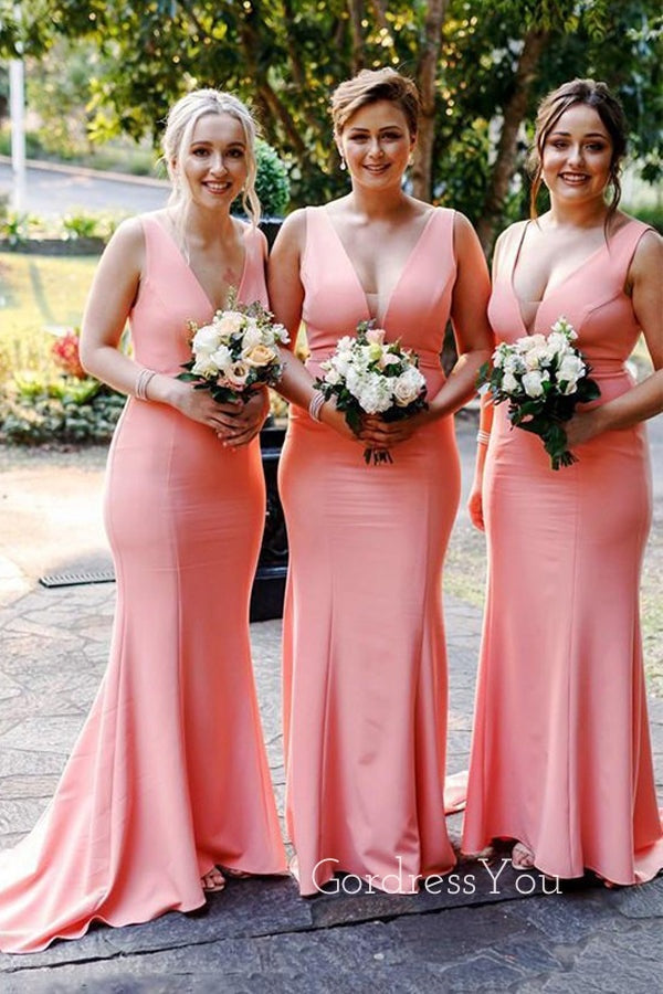 Simple Mermaid V-neck Long Custom Bridesmaid Dresses , BN1297