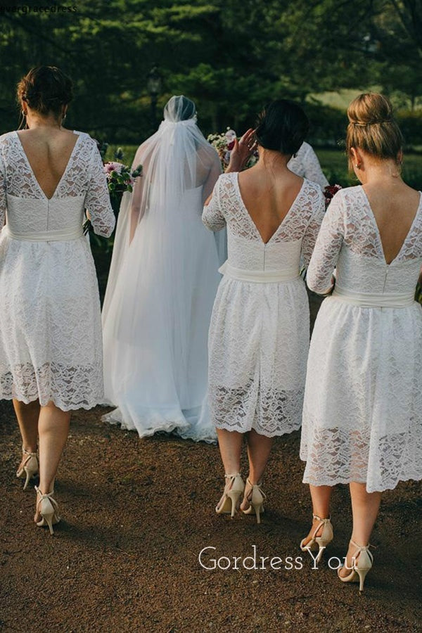 White Lace Half Sleeves Short Custom Bridesmaid Dresses , BN1313