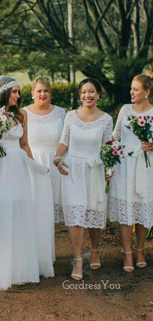 White Lace Half Sleeves Short Custom Bridesmaid Dresses , BN1313