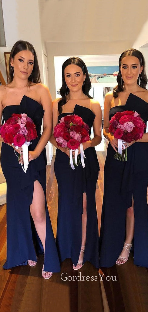 Simple Mermaid Strapless Side Slit Navy Blue Long Custom Bridesmaid Dresses , BN1318