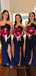 Simple Mermaid Strapless Side Slit Navy Blue Long Custom Bridesmaid Dresses , BN1318