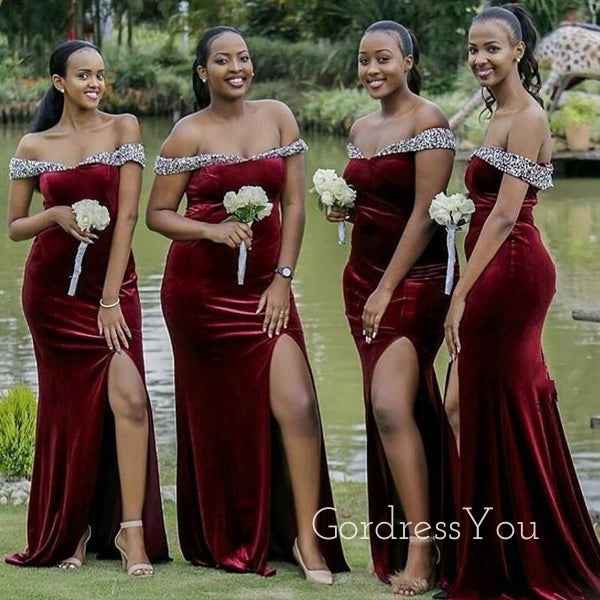 Off Shoulder Velvet Beaded Long Mermaid Custom Bridesmaid Dresses , BN1321