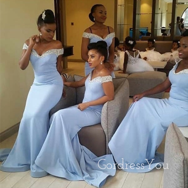 Off Shoulder Beaded Blue Long Mermaid Custom Bridesmaid Dresses , BN1323