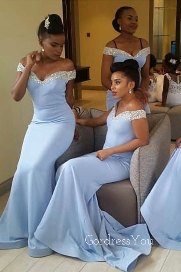 Off Shoulder Beaded Blue Long Mermaid Custom Bridesmaid Dresses , BN1323