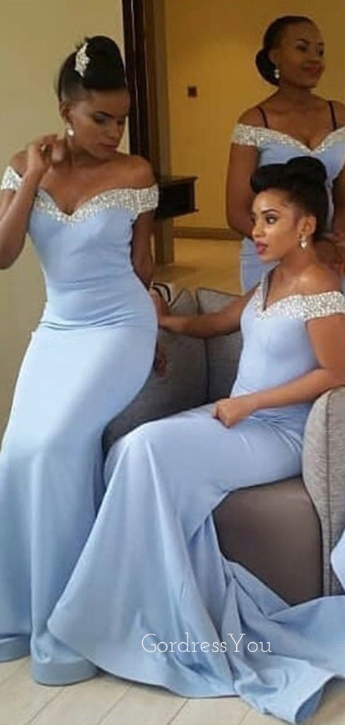 Off Shoulder Beaded Blue Long Mermaid Custom Bridesmaid Dresses , BN1323