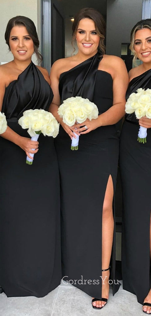 One Shoulder Black Side Slit Long Mermaid Custom Bridesmaid Dresses, BN1330