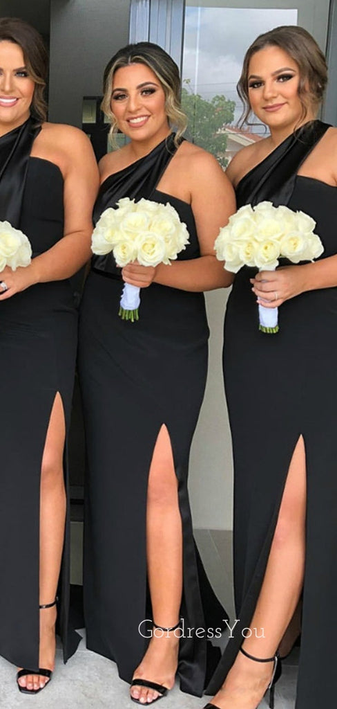 One Shoulder Black Side Slit Long Mermaid Custom Bridesmaid Dresses, BN1330