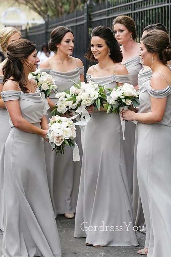 Off Shoulder Gredy Spaghetti Straps Long Custom Bridesmaid Dresses , BN1333