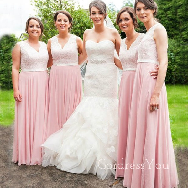 A-line Pink Chiffon Lace Long Custom Bridesmaid Dresses , BN1334