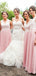 A-line Pink Chiffon Lace Long Custom Bridesmaid Dresses , BN1334