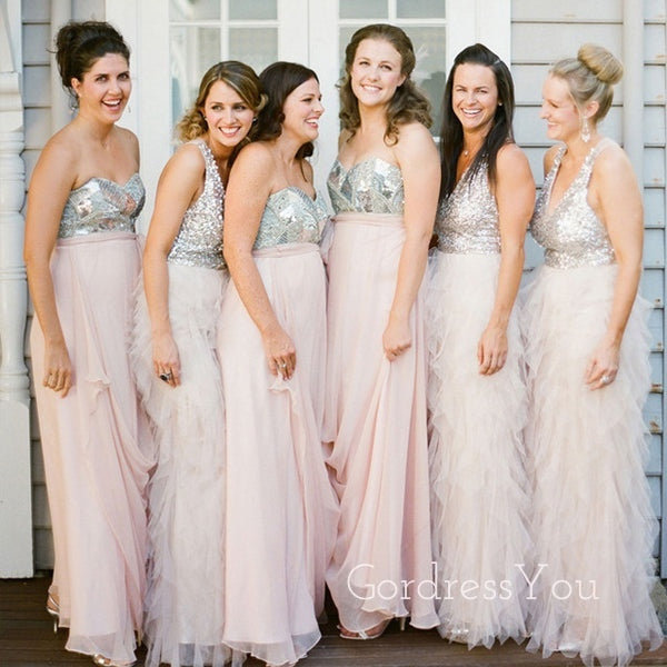 Mismatched A-line Sequins Long Custom Bridesmaid Dresses , BN1338