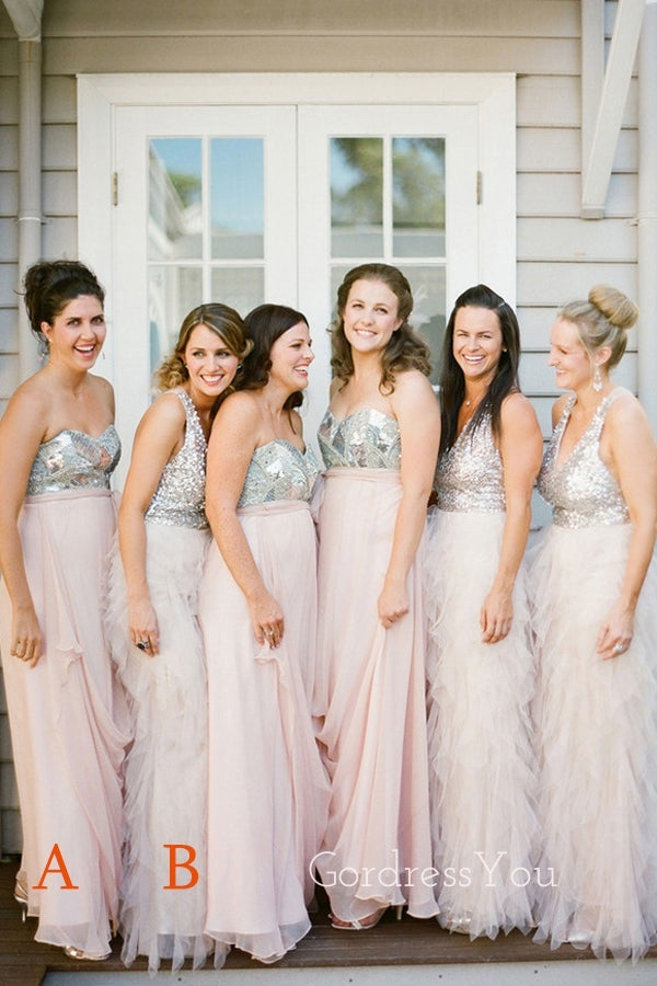 Mismatched A-line Sequins Long Custom Bridesmaid Dresses , BN1338