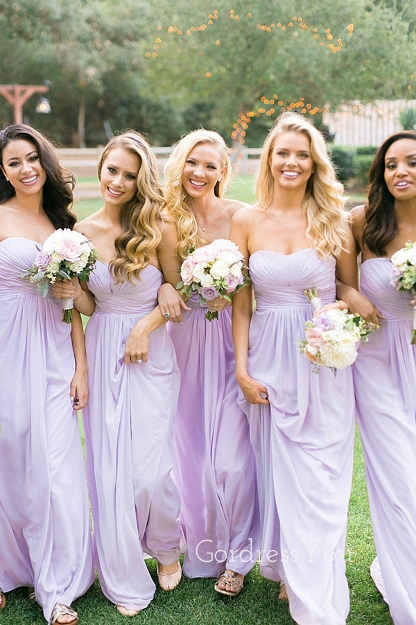 A-line Lilac Chiffon Strapless Long Custom Bridesmaid Dresses , BN1342